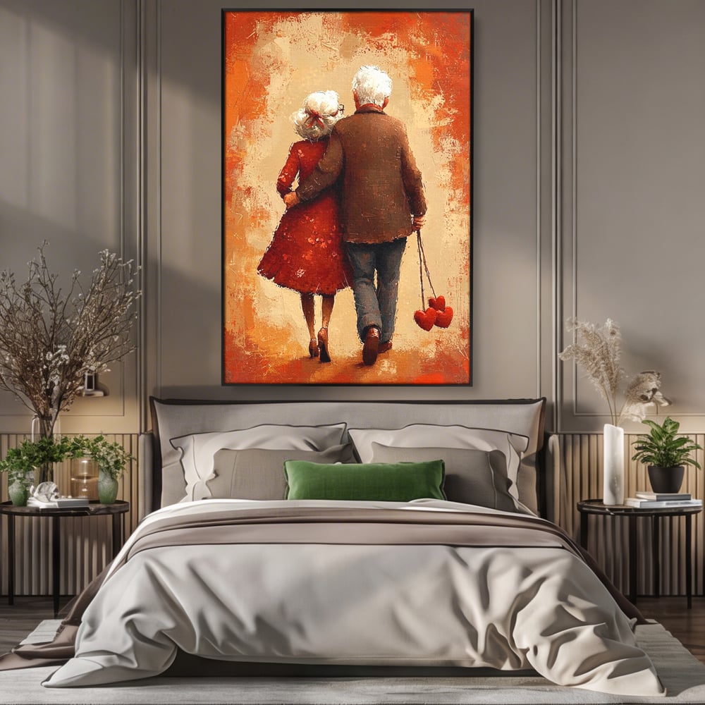 Tablou canvas cu pictura cu un cuplu in varsta imbratisat, in rama de aluminiu negru, pe perete intr-un dormitor